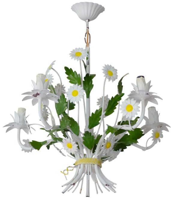 Vintage Italian White Tole Chandelier, Daisy Flowers, 5-Light Cottage Farmhouse Style, Painted Metal Floral Light 25.6"H