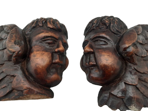 17th antique pair french carved cherub angel head walnut wood ornament wings #1