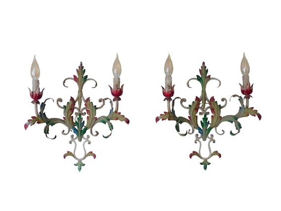 Pair Vintage Italian Painted Tole Wall Sconces, Wrought Iron, Colorful Acanthus Leaf, 2-Light Cottage Style 16.9"H