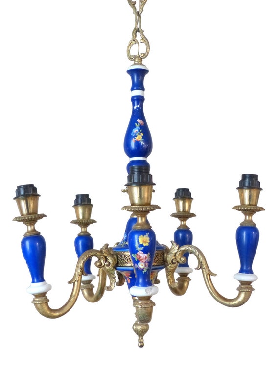 Charming vintage 1950 ceramic cobalt blue chandelier gilded metal 5 lights