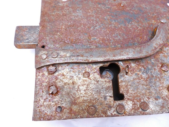 17th century large primitive hand made wrought iron castle door lock antique