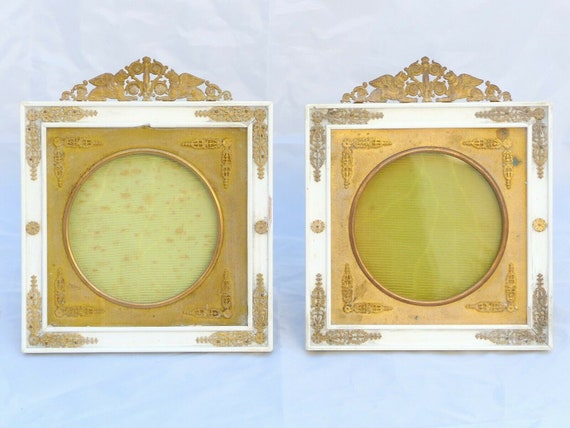 Antique pair of French bronze miniature photo portrait sphinx appliques, 19th century
