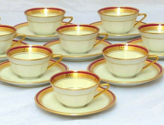 Set 8x mocha cup empire gilded palmettes by limoges porcelain wine red & cream