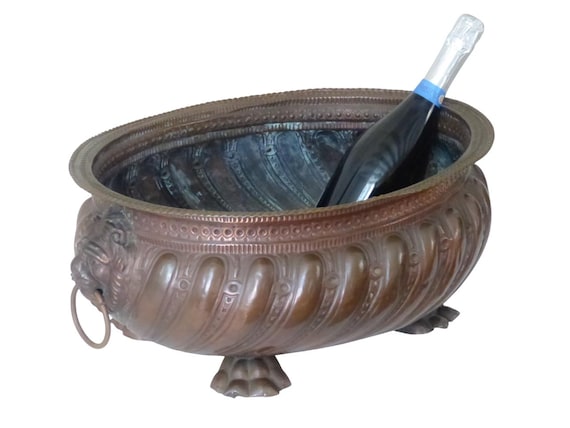 Large Antique French Copper Lion Head Wine Cooler Champagne Ice Bucket Jardiniere 52cm