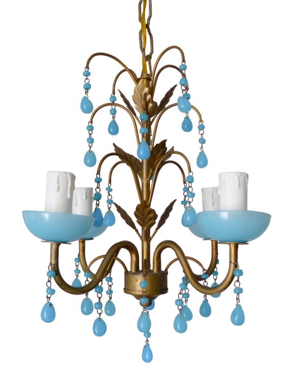 Vintage French Gilt Chandelier, Aqua Turquoise Opaline Glass, 4-Light, 1950s, Blue Glass Chandelier, Coastal French Decor Murano
