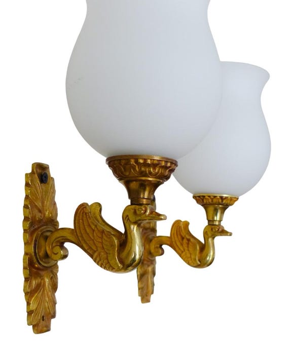 Antique pair of French Empire wall lights, opaline shades, swan bronze, 1930s, Petitot