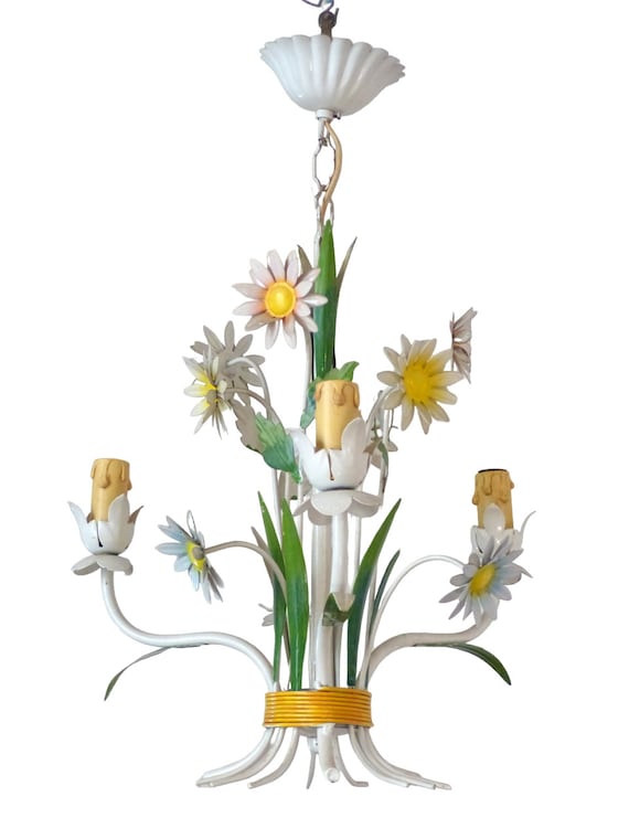 Charming Florentine chandelier painted metal tole flowers 70's italian ceiling 8
