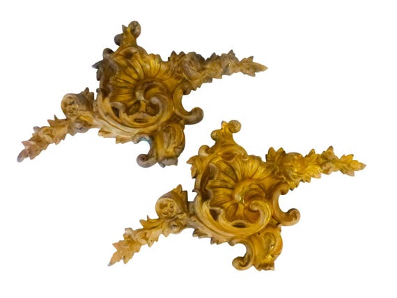 Xxl pair 19th antique french gilded bronze shell pediment hardware salvage rare