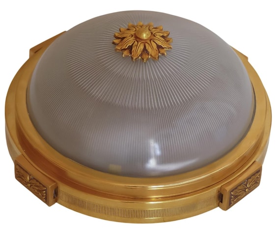 French bronze & gilt brass holophane flush mount ceiling light 1970 art deco 12"