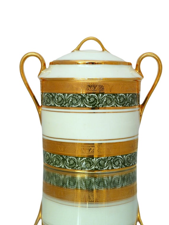 Gorgeous sugar box empire gilded palmettes by legle limoges porcelain