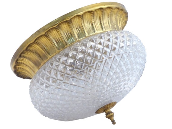 Gorgeous mid-century gilded tole diamond glass ceiling lamp wall light 1970