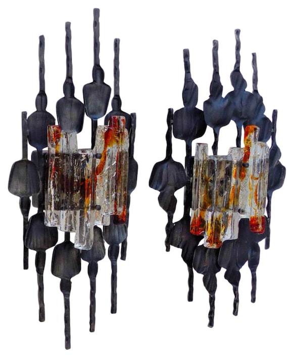 Pair Brutalist Wrought Iron Sconces, Murano Ice Glass, Attributed Tom Ahlström & Hans Ehrlich Sweden 1960s-70s, Sculptural Iron Light 27"H