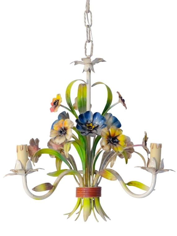 70's charming florentine chandelier enameled metal tole flower italian ceiling