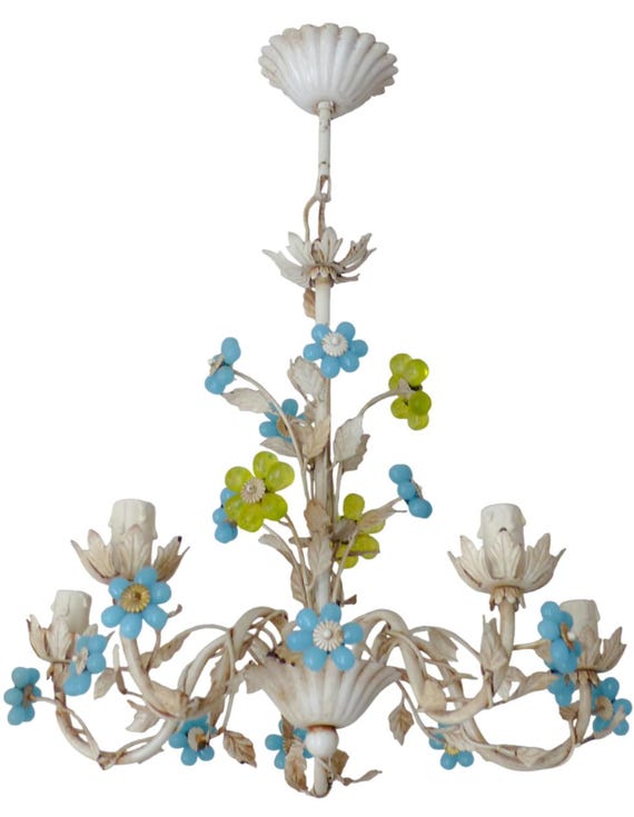 Charming Florentine vintage chandelier murano blue opaline beads 1970 painted