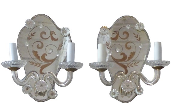 Gorgeous antique pair sconce wall light mirror 1880 crystal cups venetian murano