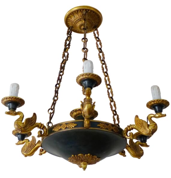 French Empire Style Gilt Bronze Chandelier, Swan Motif, Attributed to Maison Petitot, 6-Light, 1950s, Napoleonic Lighting, 23.6"D