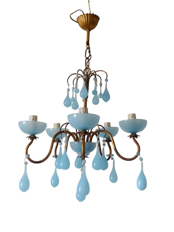 Antique chandelier aqua blue opaline drops cup beads 1930 murano rare 5 lights #2
