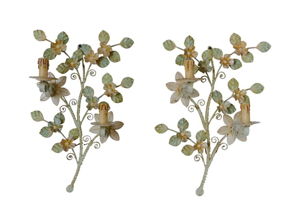 Pair Vintage Painted Metal Floral Wall Sconces, Tole Flowers & Leaves, Large Scale Cottage Farmhouse Lighting 23.6"H