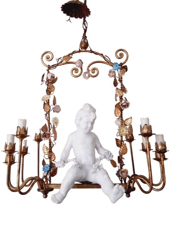 Except. xl italian mid-century gilt iron cherub floral chandelier ceiling 10light