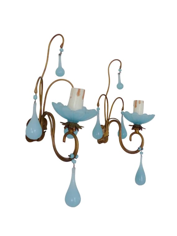 1930 murano antique pair wall light aqua blue opaline drops cup bead sconce rare