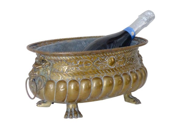 Gorgeous Antique French Brass Lion Head Wine Cooler Champagne Ice Bucket Planter