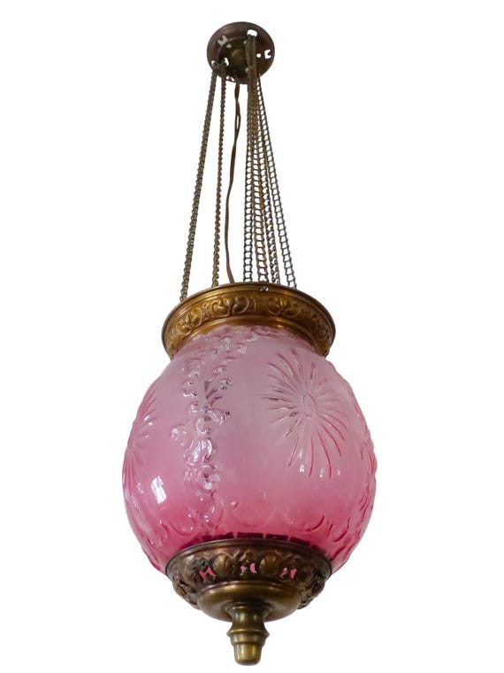 Gorgeous french lantern baccarat style 1900 brass chandelier ceiling pink glass