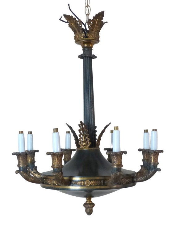Huge antique French eight-arm ormolu bronze tin chandelier ceiling Empire style, 19th century
