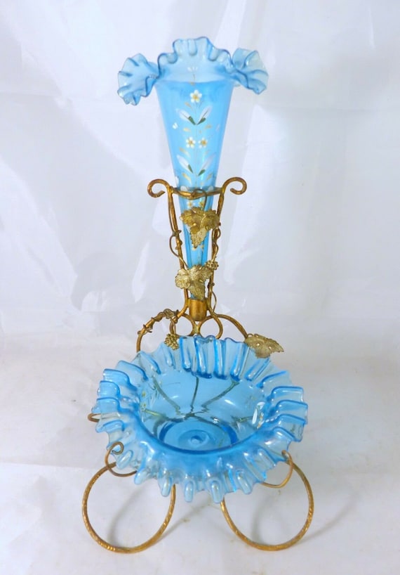 Antique blue enamel glass baguier jewelry stand napoleon iii era soliflore vase