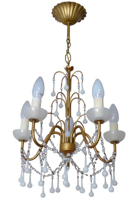 Vintage White Opaline Glass Chandelier, Gilt Metal, Beaded Swags & Teardrops, 5-Light Romantic Shabby Chic Lighting 25.6"H