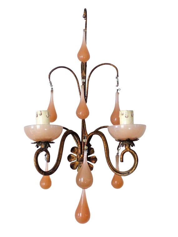 Murano antique wall light peachy pink opaline drops cup bead 1930 chandelier