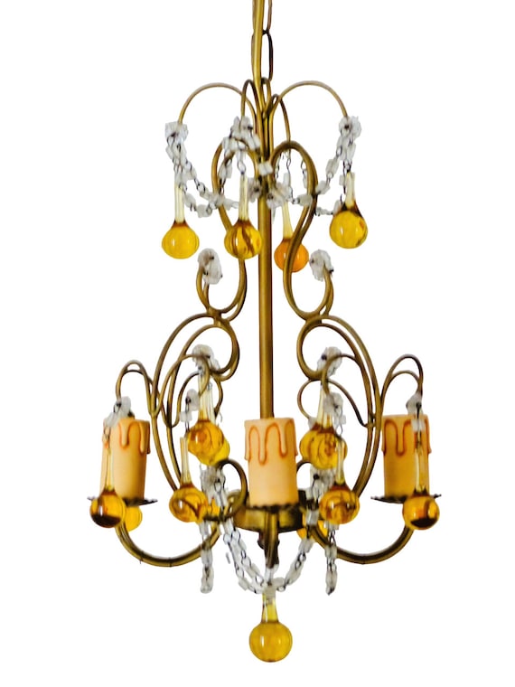 Vintage chandelier amber glass drops prisms beads 1930 italian ceiling 4 lights