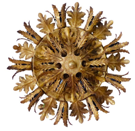 Banci Firenze 9 Light Gilt Metal Flush Mount Ceiling Light – Italian Hollywood Regency Sunburst Fixture