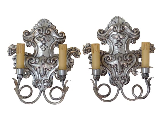 Vintage Pair of Silvered Metal Wall Sconces, Baroque Rococo Style, Two-Light Wall Lamps, Hollywood Regency Decor, 1980s