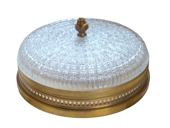 Gorgeous vintage French Empire ceiling light, 10" diameter, gilded brass and glass, 1960s