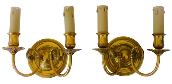 Gorgeous pair of French Empire style gilt bronze wall sconce with two vintage brass lights