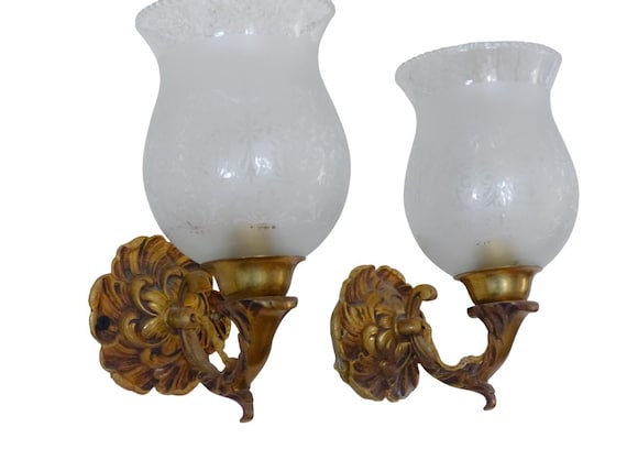 Vintage French pair bronze wall lights sconce glass lamp 1970 glass shade