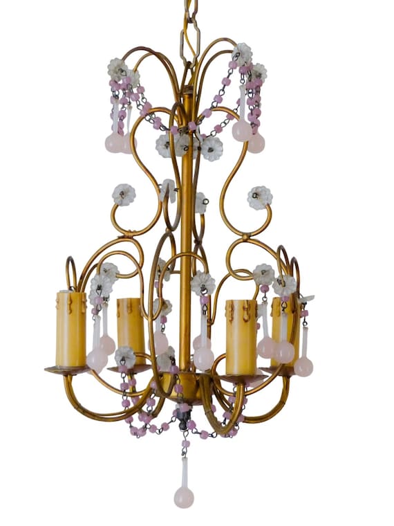 Charming Vintage French Gilt Chandelier Pink Opaline Beads and Drops 4 Light Ceiling Lamp