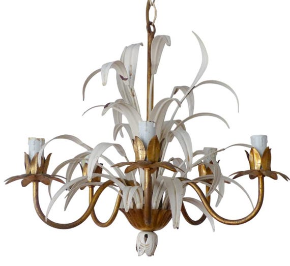 Vintage gilded enameled flower chandelier ceiling regency mid century- hans kogl