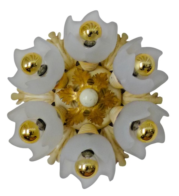 Vintage 1980s Banci Italian Flush Mount Ceiling Light, 6 Frosted Glass Tulip Shades, Cream and Gold Foliage, Wall Sconce, Hollywood Regency