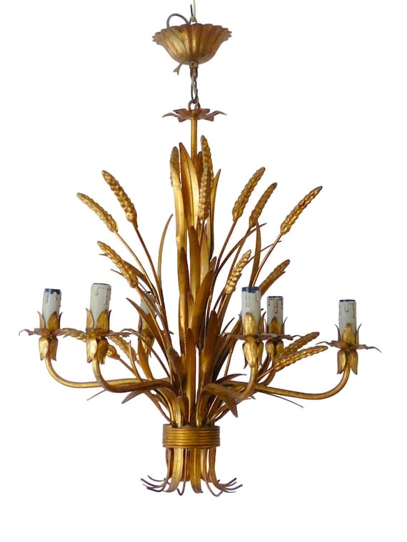 Gorgeous gilded chandelier ceiling 70's hollywood regency mid century wheat kogl