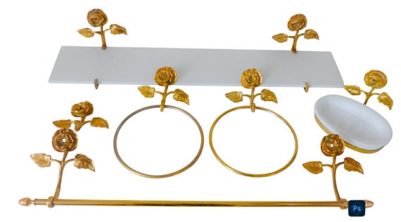 Charming French rose flower bathroom accessories gilded bronze and brass 1950's