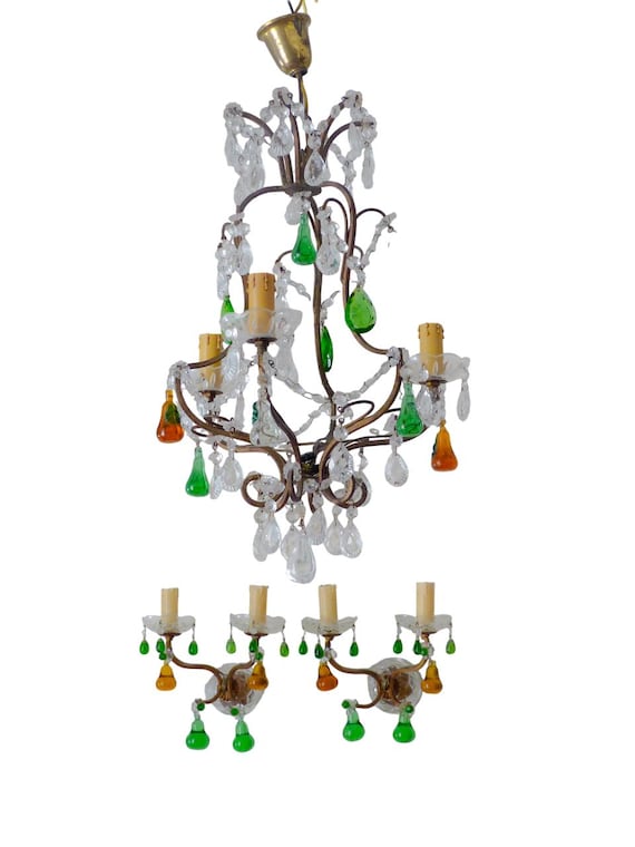 Rare set antique chandelier wall lights handmade glass drops fruits 1950 murano