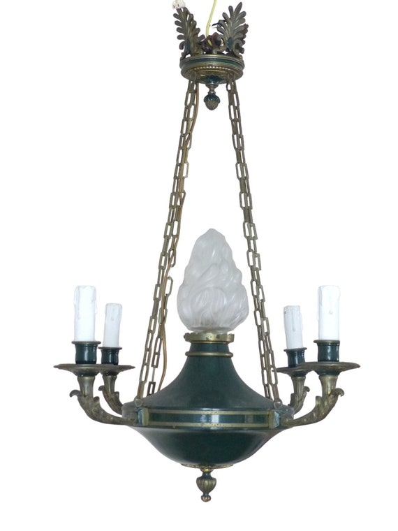 Antique French 4-arm ormolu bronze brass tin chandelier ceiling Empire style 19th