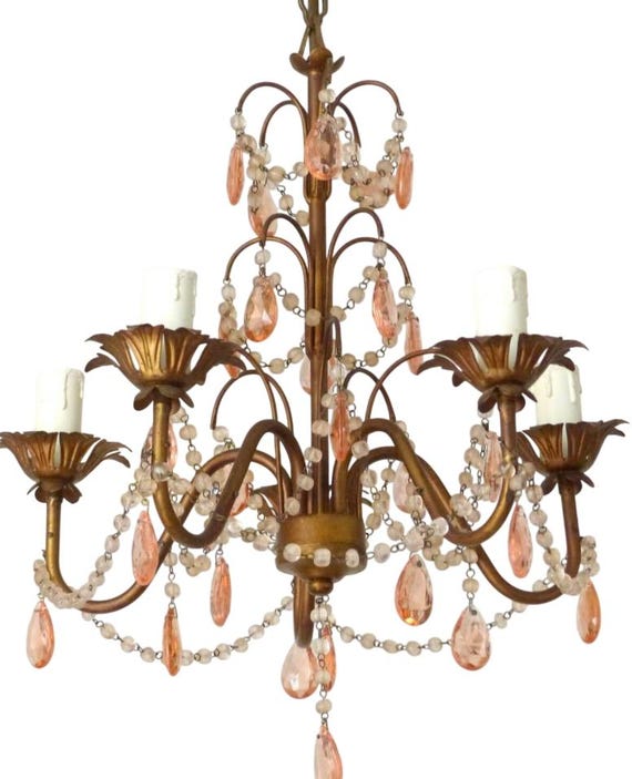 Vintage chandelier pink drops prisms beads 1920 italian gilded metal 5 lights