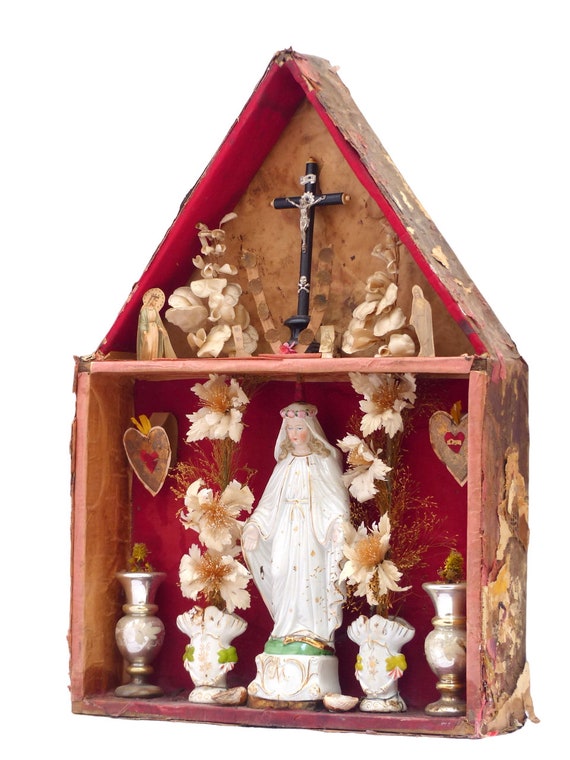 Xxl 24" antique french diorama box ex voto subject religious rare house pattern