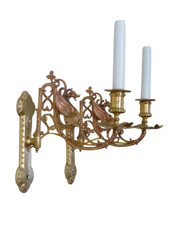 Pair of antique French bronze Gothic chimera wall lights, sconce, gargoyle, opaline tube