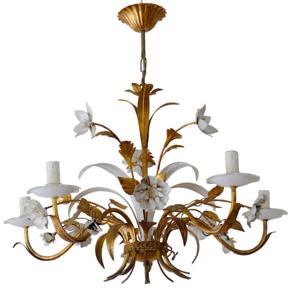 Large Vintage Italian Gilt Chandelier, White Painted Metal Flowers, 5-Light 1980s, Statement Piece Floral Lighting 27"D