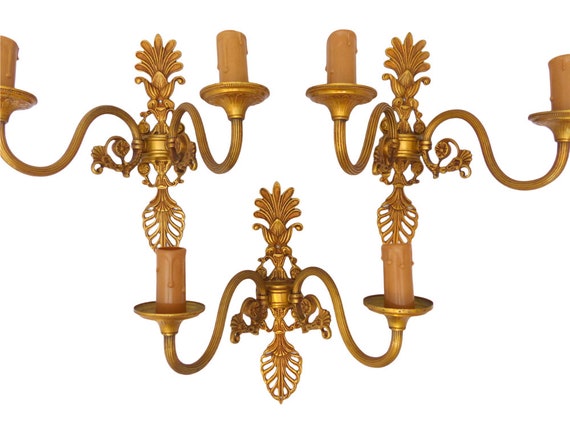 Vintage set 3x French empire wall light sconce 2 light gilded bronze brass 1960