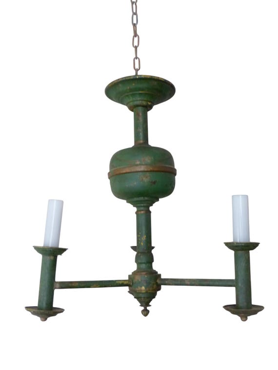 Antique French Painted Tin Chandelier, Bouillotte Style, Restoration Era, Early 19th Century, Green Painted Metal Light, 17.7"H