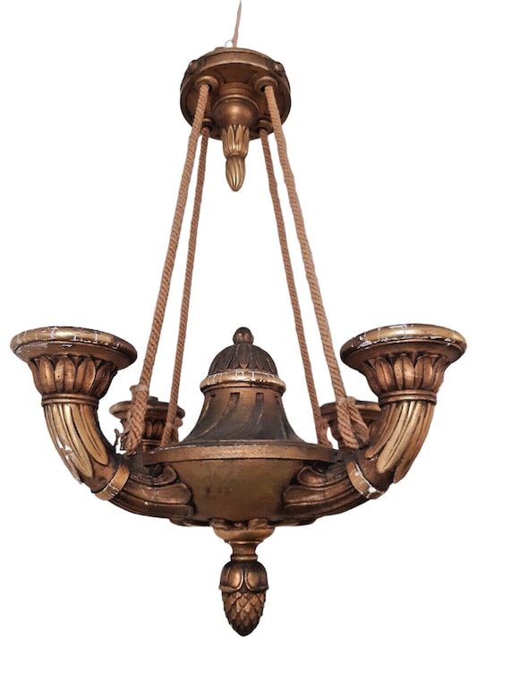 Antique French 4 arms rare gilded curved wood chandelier ceiling empire pine